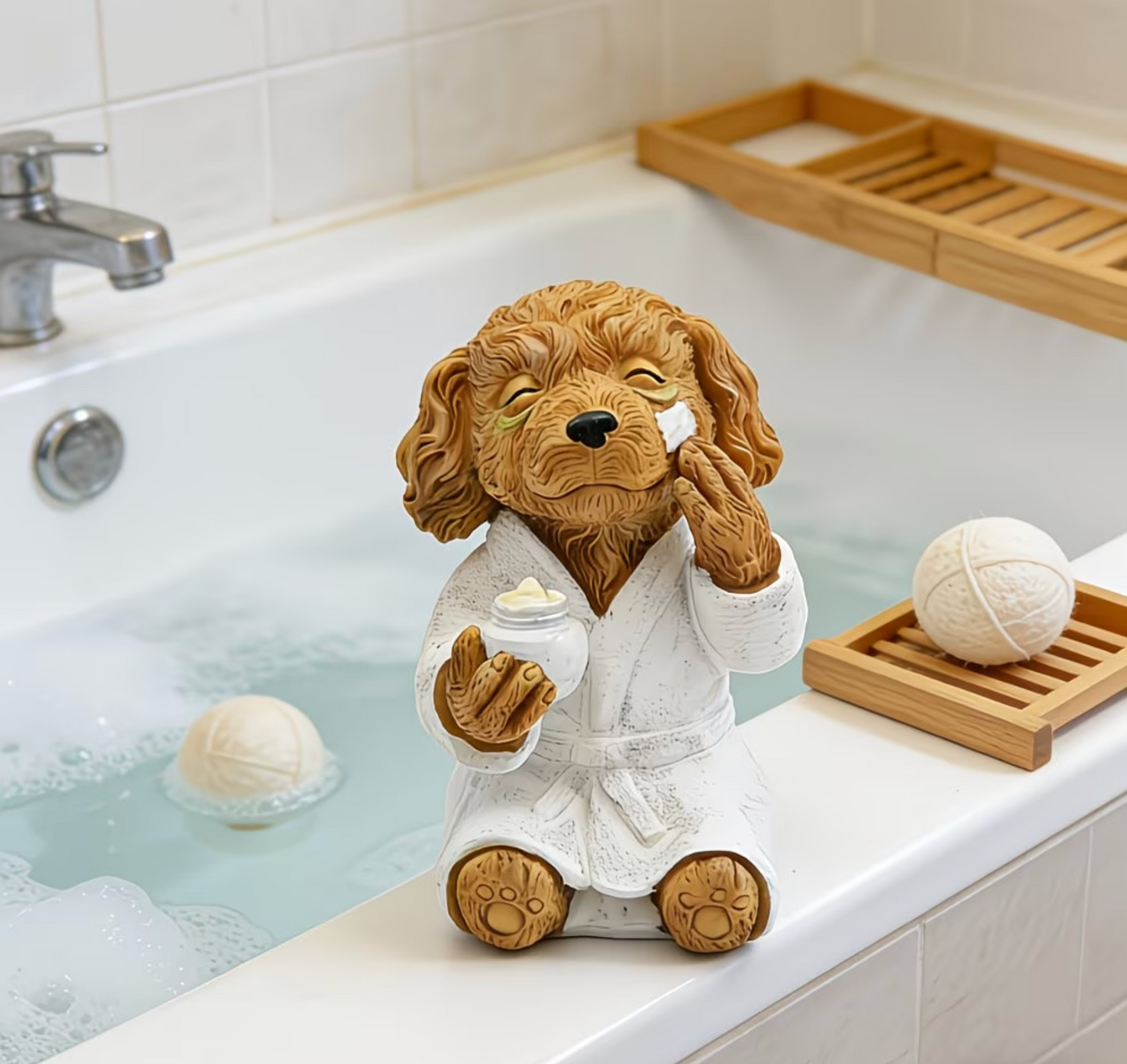 Süße Hunde Dekofigur im Bademantel – Lustige Badezimmer Deko mit Wellness-Motiv