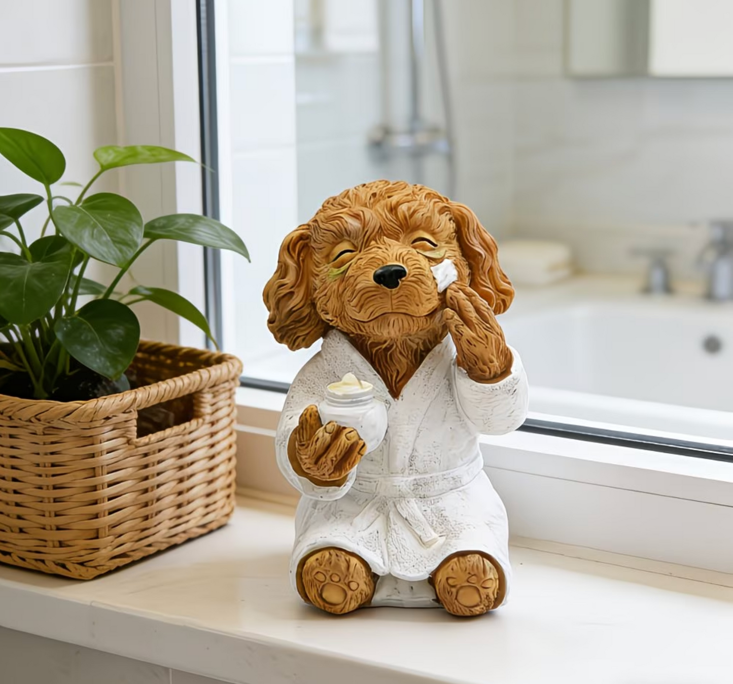 Süße Hunde Dekofigur im Bademantel – Lustige Badezimmer Deko mit Wellness-Motiv