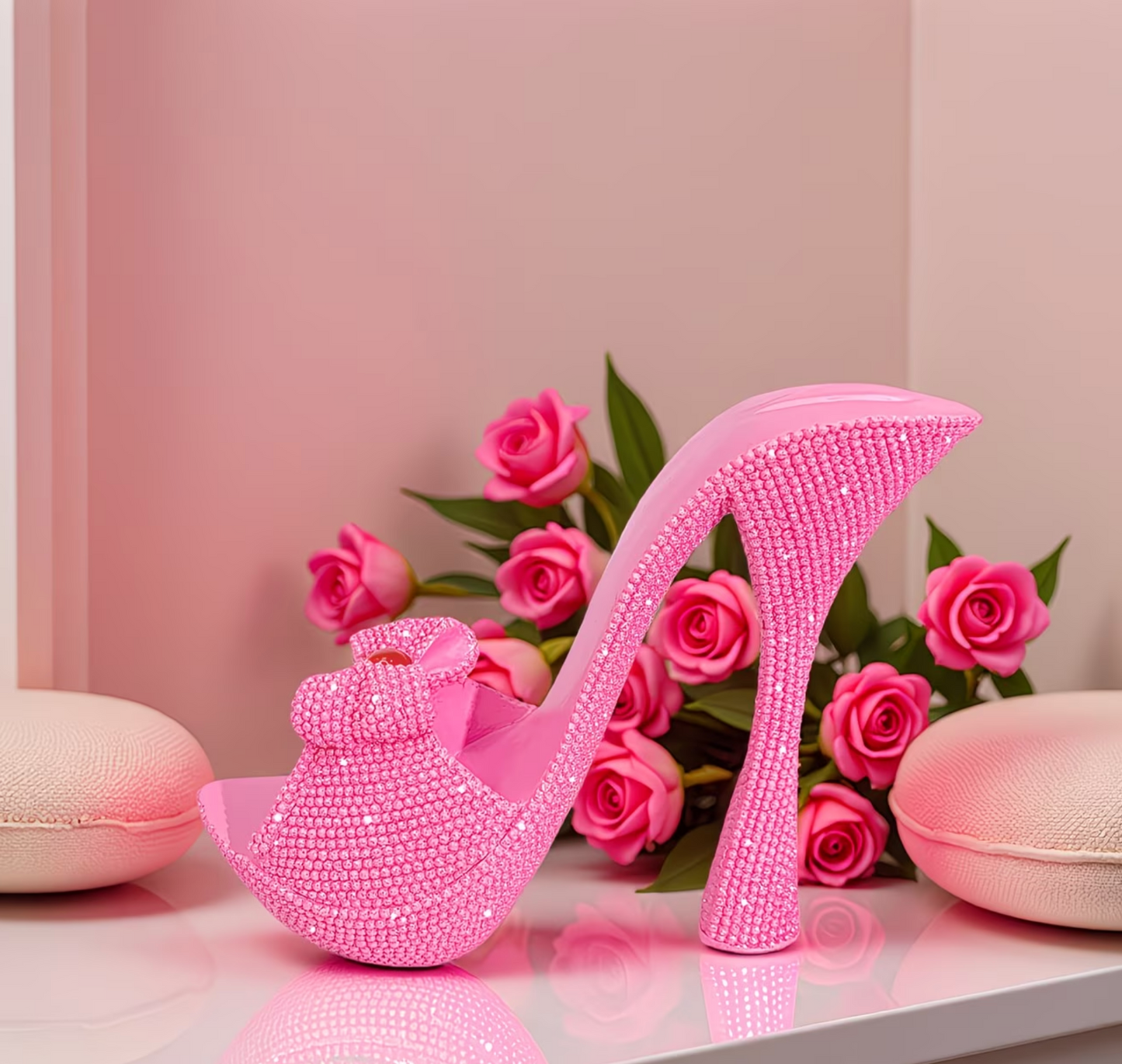 Elegante High Heel Dekofigur in Rosa – Stilvolle Harz-Statue mit Glanz-Effekt