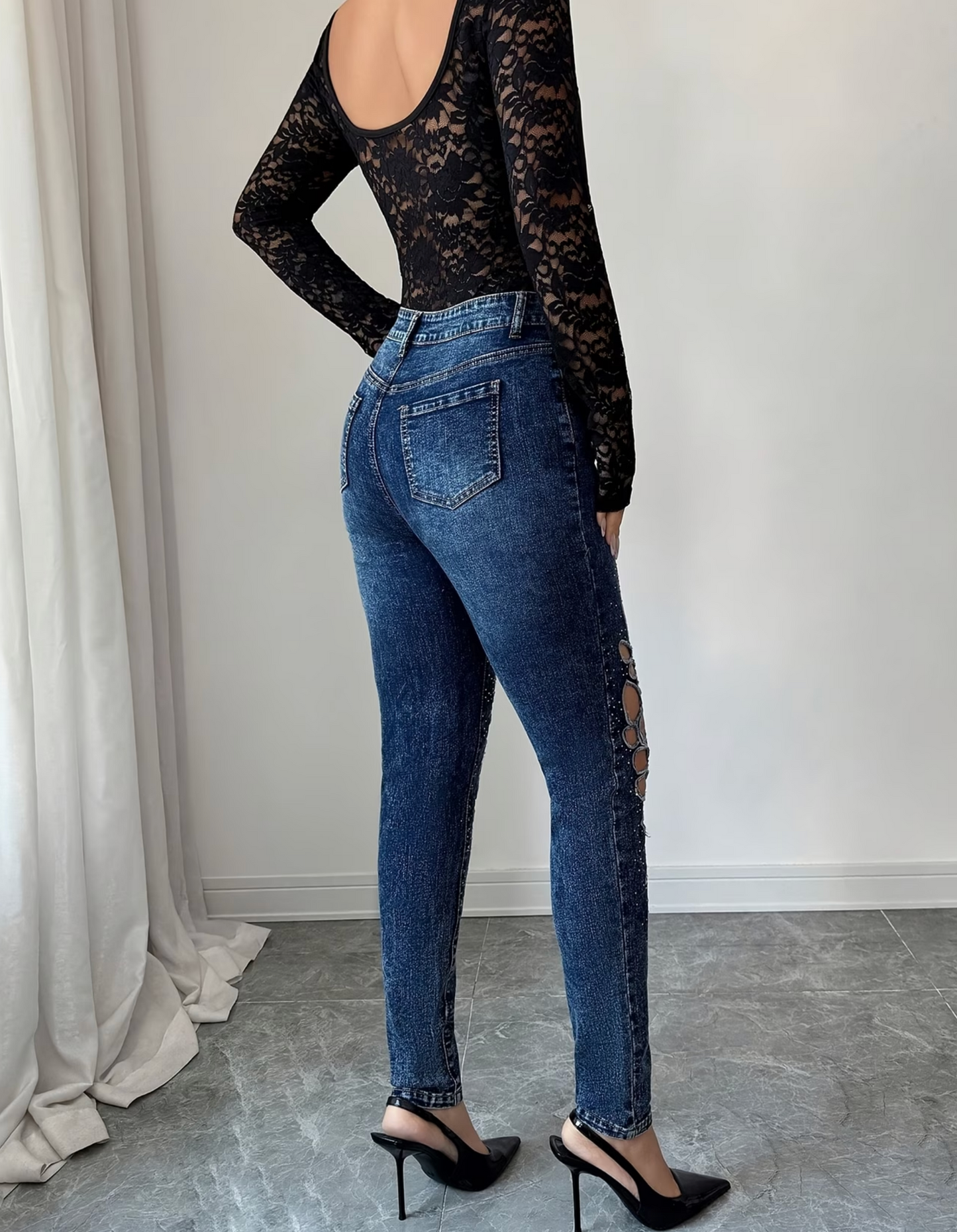 Damen High-Waist Skinny-Jeans mit Cut-Outs & Strass